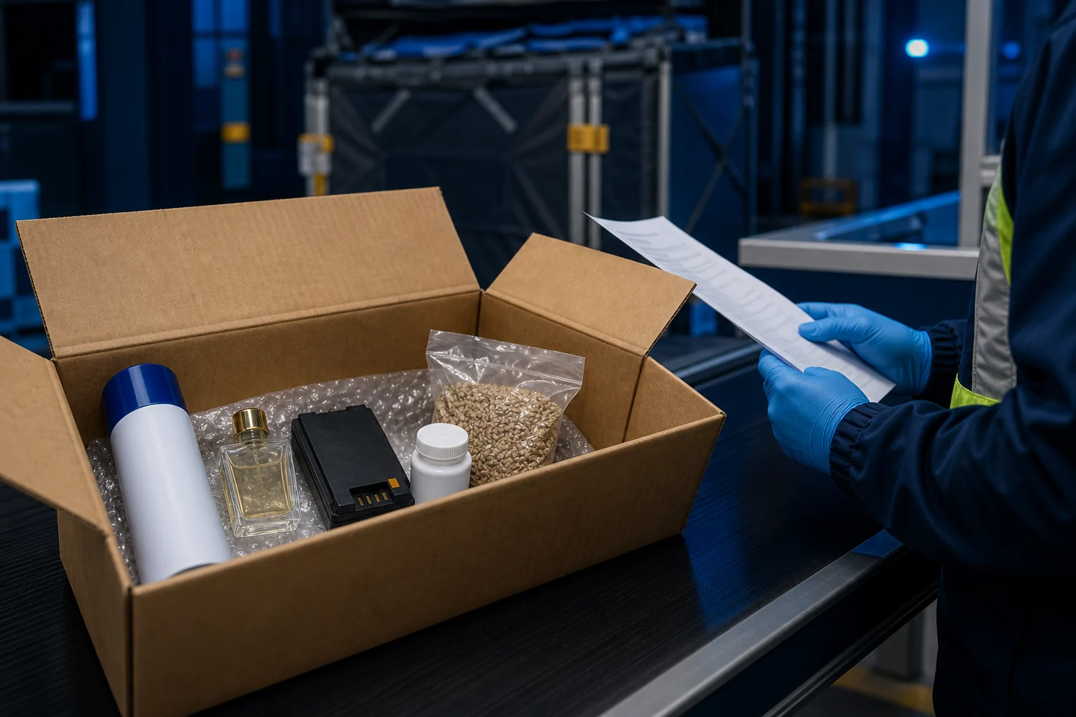 Inspección de aerosoles, perfume, batería, medicamentos y semillas antes de un envío internacional